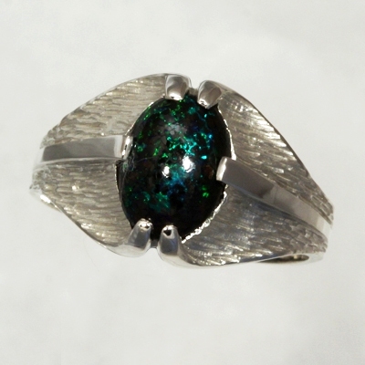 Stirling Silver ring with a SOLID BOULDER OPAL Sparling green fire